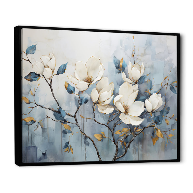Elegant Magnolias Tranquility - art mural de salon Magnolias, Reproduction avec cadre flottant, H 30 po x l 40 po, Noir
