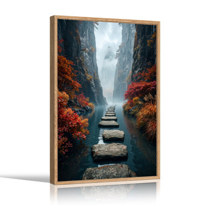 Stepping Stones Across River in Misty Canyon Red Foliage Canvas Wall Art