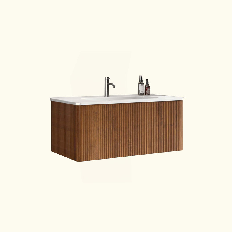 Meuble-lavabo rayé en noyer rayé avec lavabo en céramique, meuble-lavabo mural flottant pour salle de bain moderne, KD, 36"