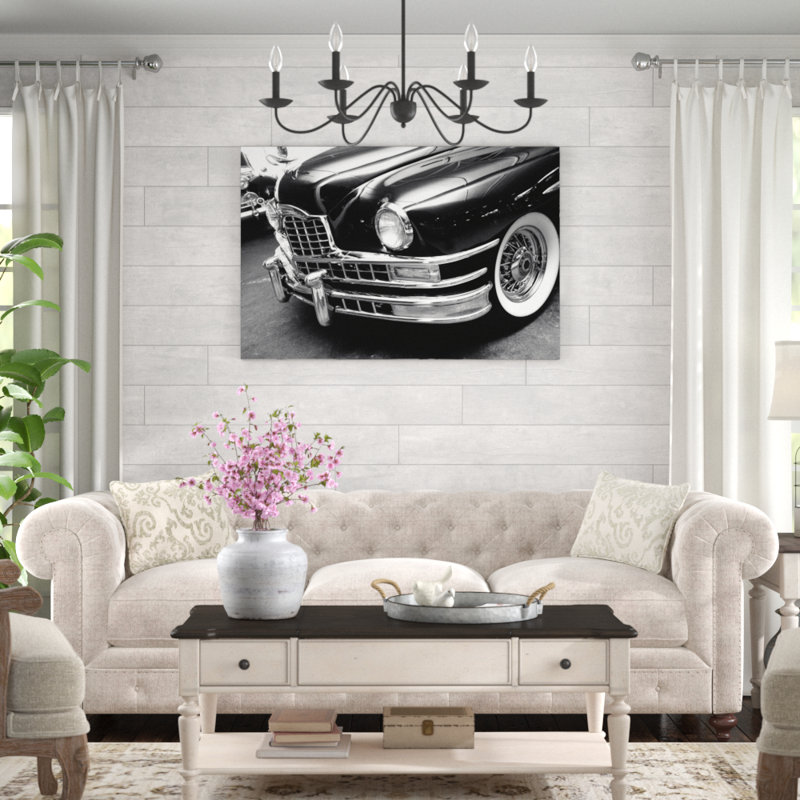 Impression sur toile noire et blanche de voiture rétro, H 32 po x l 48 po