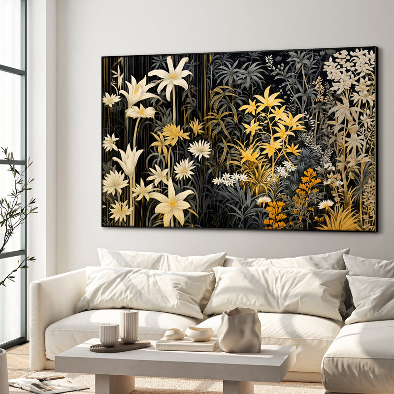 Très grand imprimé floral doré sur fond de jardin - Illustration botanique moderne avec décor de contraste jaune et noir pour le salon ou la chambre à coucher, assemblage de cadre requis