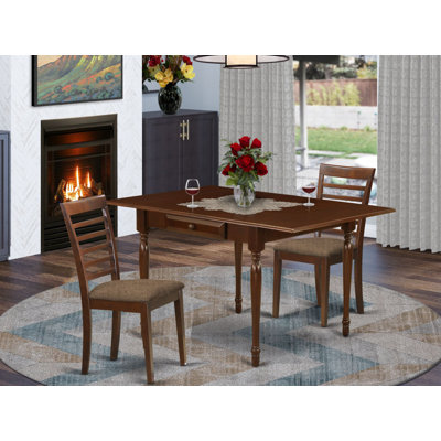 3 Piece Dining Room Furniture Set Contains a Rectangle Kitchen Table with Dropleaf and 2 Linen Fabric Dining Chairs, Mahogany