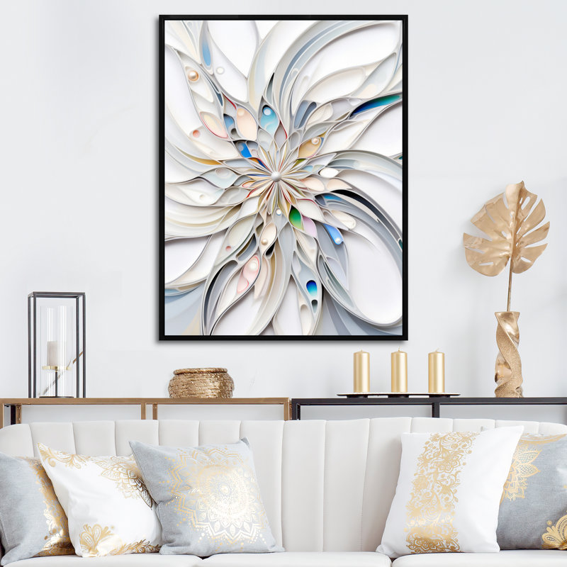 «White Cosmic Flowers I», reproduction sur toile, H 44 po x l 34 po x P 1,5 po, Cadre flottant noir