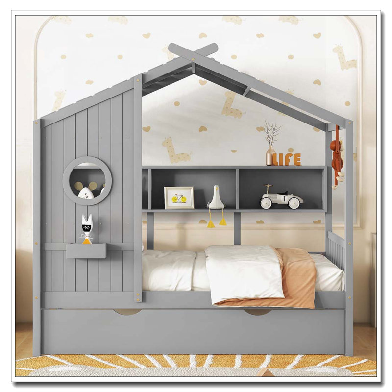 Lit maison avec lit gigogne, Gris, Lit simple