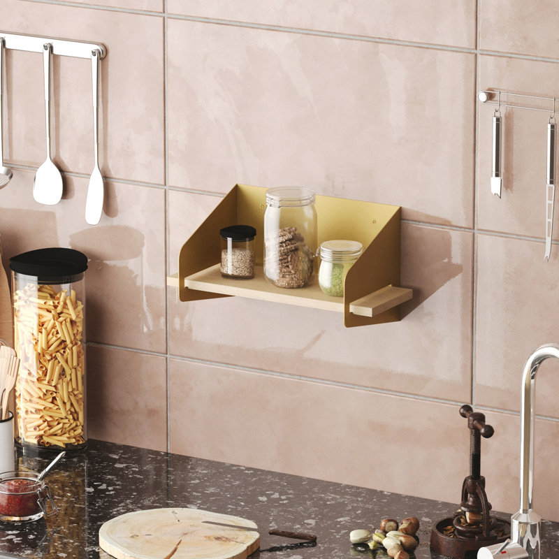 Colesen Modern Wall Shelf, Gold Finish, 15.8 x 7.9 x 7.5 inches | 100% Wooden Shelf with 1.5 mm Metal Frame | Stylish Storage Solution for Home & Office, Durable and Contemporary Design