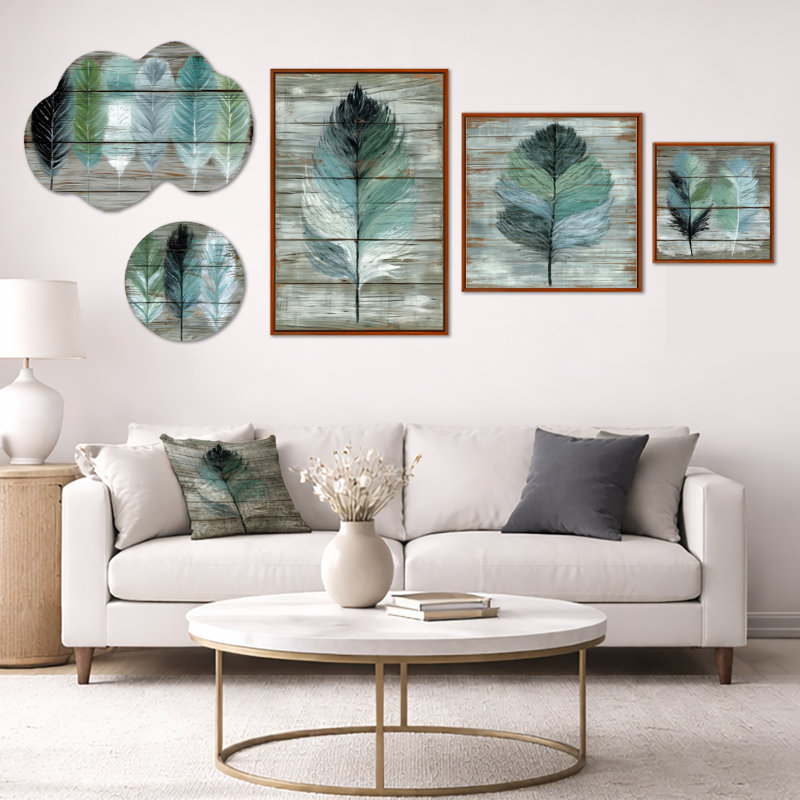 Boho Wood Texture Feather – Large Green Abstract Wall Art, Metal and Canvas Print Set of 5 (100" x 40"), Metal + Brown Frame