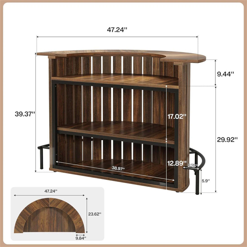 Table de bar élégante en forme d'arc avec rangement à 4 niveaux, parfaite pour les intérieurs modernes et rustiques, repose-pieds confortable et facile à assembler.