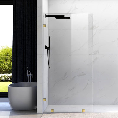 UKH07B2 28 in. W x 80 in. H Frameless Fixed Shower Glass Panel in Satin Brass with 3/8 in. Clear Tempered Glass