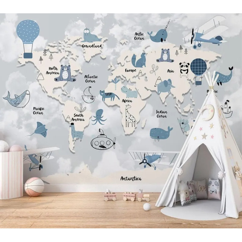 Papier peint carte du monde bleu, L 108 po x l 96 po