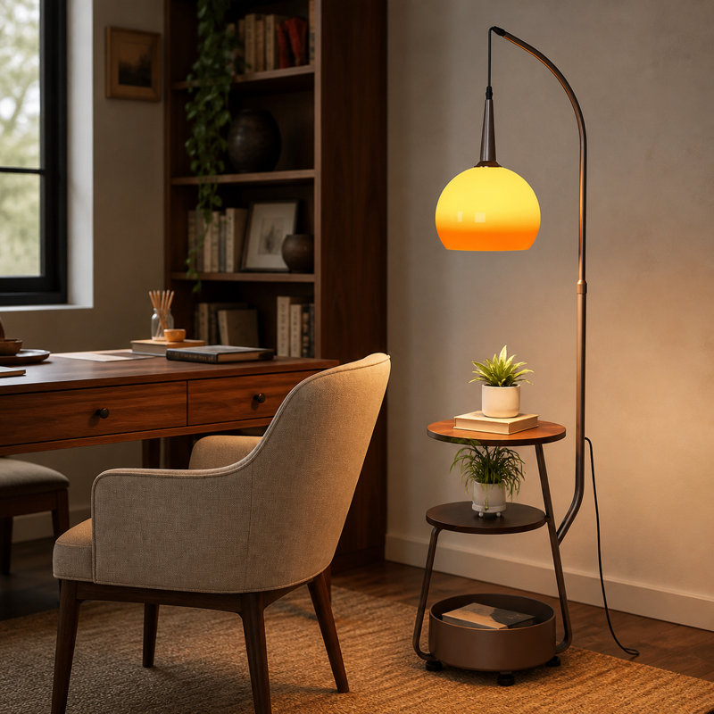 Lampe sur pied en arc de 160 cm avec abat-jour globe en verre ambré et table d'appoint de rangement à 2 niveaux