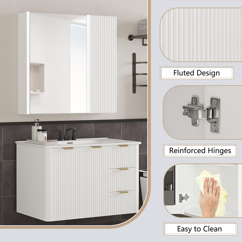 Meuble-lavabo flottant avec lavabo et armoire à pharmacie avec lumière DEL, Blanc, 36"