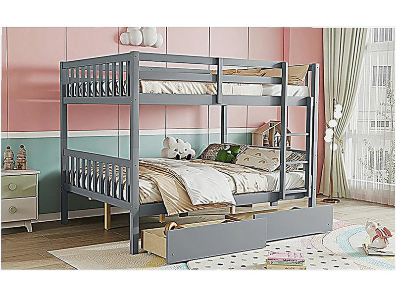 Lit double en bois d'hévéa avec deux tiroirs, convertible en deux lits simples avec échelle et barrière de sécurité, Gris