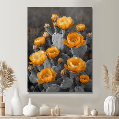 Monochromes jaunes, gris, cactus, fleurs du désert I - impression d'art mural cactus floral