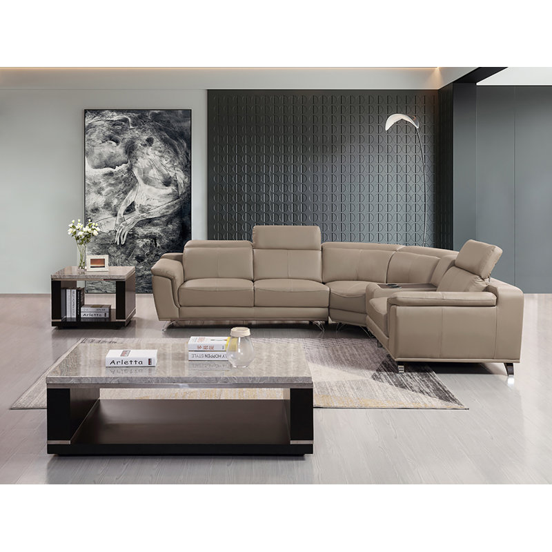 Lirison Upholstered Curved Sectional Right Hand Facing, Dark Tan Genuine Leather, Right Hand Facing