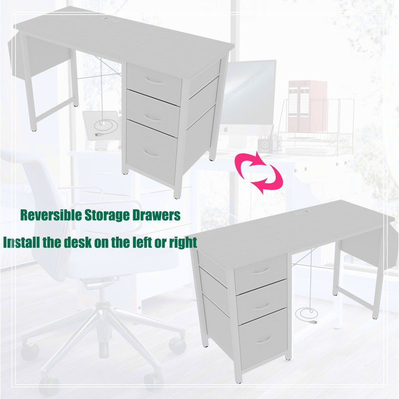 Bureau de 47,3 po avec prise de courant, 3 tiroirs, poche latérale, bureau d'étude facile à assembler, stabilité de la structure réversible pour le bureau personnel, le bureau d'ordinateur de la compagnie, la table de jeu, la coiffeuse