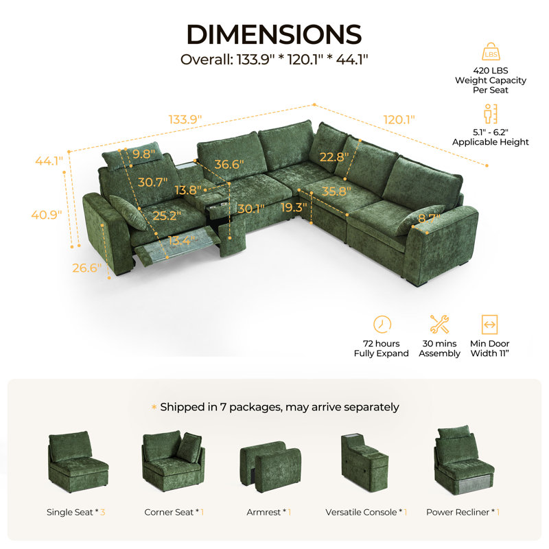 Canapé-lit modulaire surdimensionné à 5 places Olar, Chenille verte