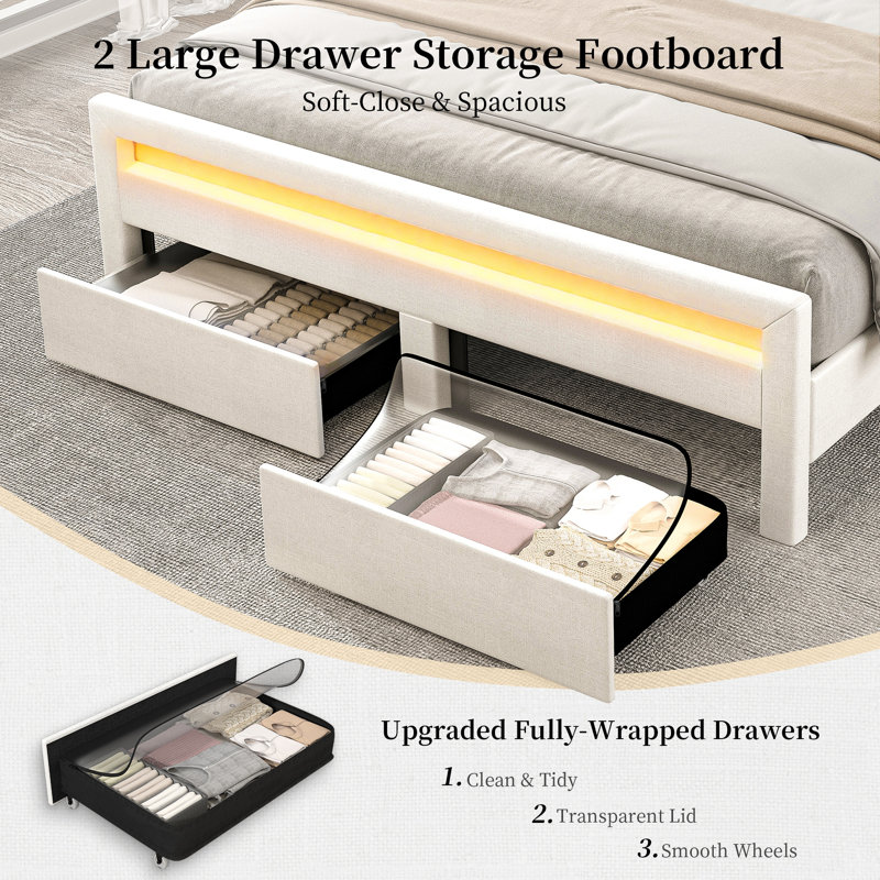 Bed Frame with Bookcase Storage Headboard and 2 Drawers Upholstered Tufted Wingback Beds, Cream, Full
