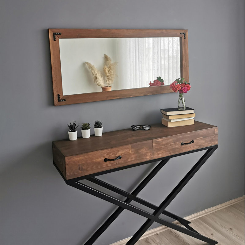 Rustic Walnut Wall Mirror, 43.3 x 19.7 x 1.2 inches | 100% Pine Solid Wood, Assembled Design | Perfect for Entryway, Living Room & Bedroom Decor, Stylish & Durable Home Accent