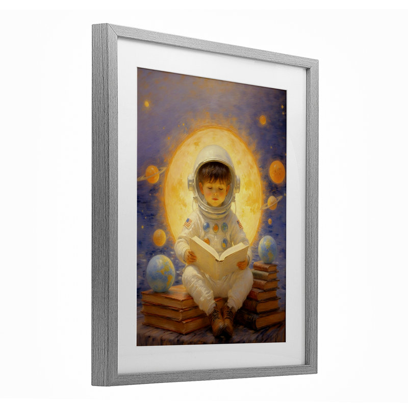 Astronaut Child Child, impression encadrée sous verre, conception par Angie Hawke, Cadre de ferme gris, H 21 po x l 17 po
