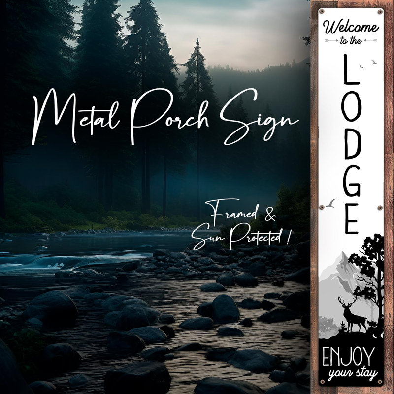 «Welcome To The Lodge, Enjoy Your Stay - Buck - Enseigne de véranda en métal avec protection solaire encadrée, panneau vertical» 4 pièces