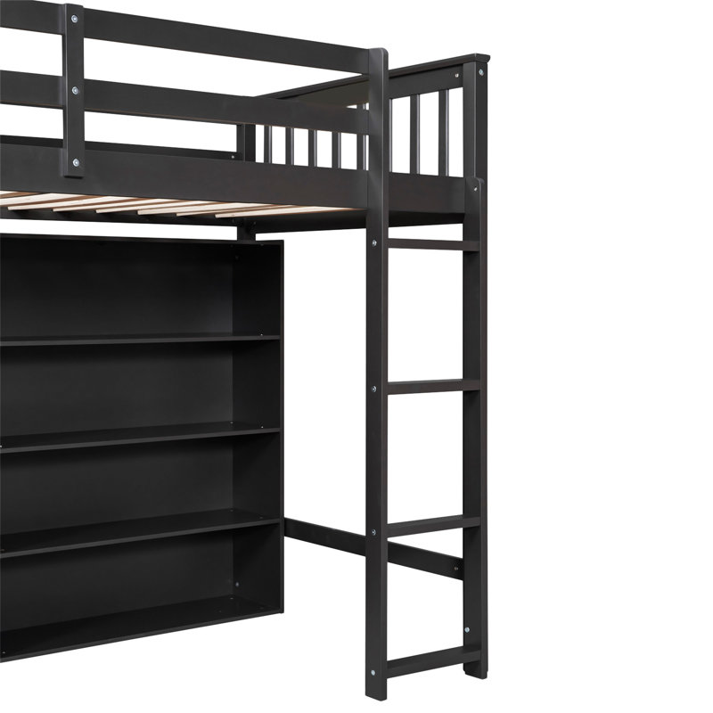 Loft Bed With 8 Open Storage Shelves And Built-In Ladder, Antique Grey