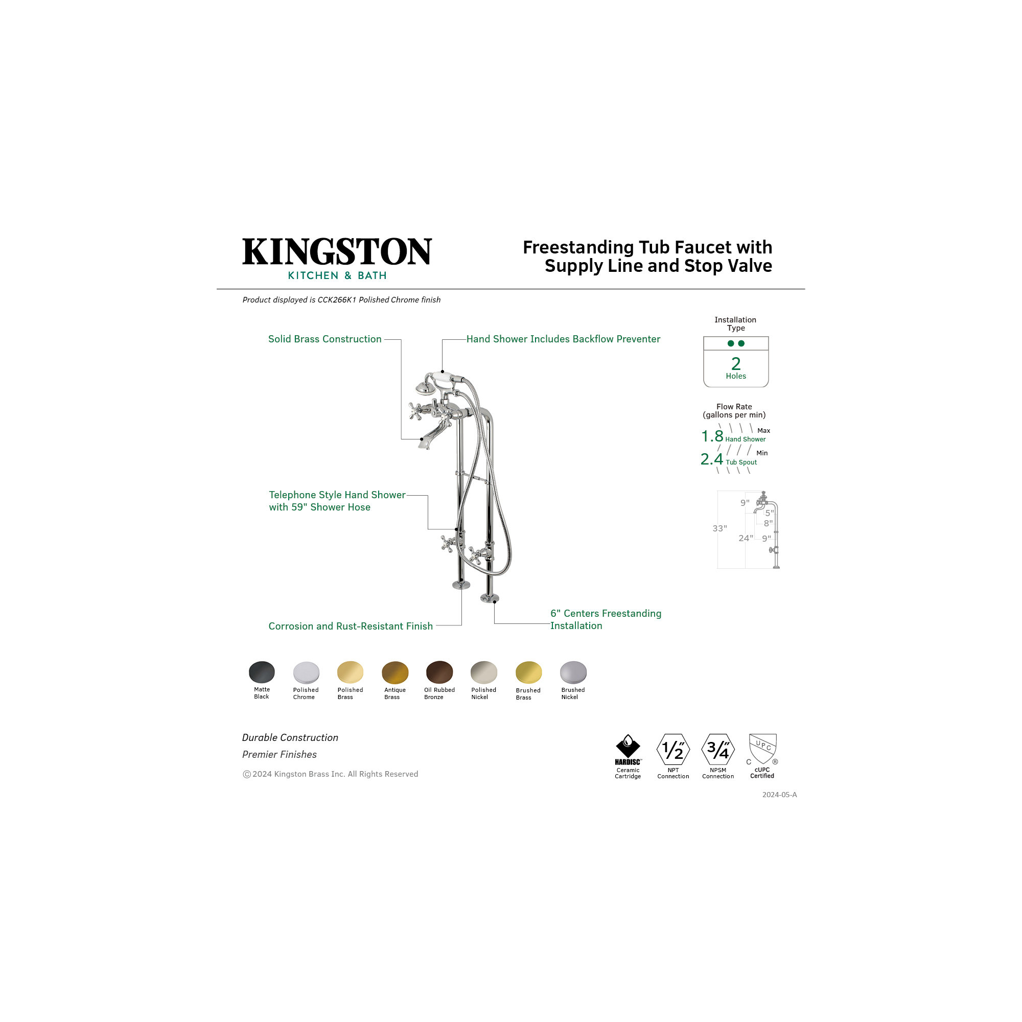 Kingston Brass Kingston Three-Handle 2-Hole Freestanding Tub Faucet with Supply Line and Stop Valve, Oil Rubbed Bronze