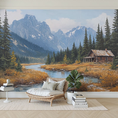 Peel and Stick Wallpaper 144" W x 100" H Modern Self Adhesive Wall Mural for Bedroom Vintage Mountain River Landscape Pine Tree Rustic Abstract Flowing