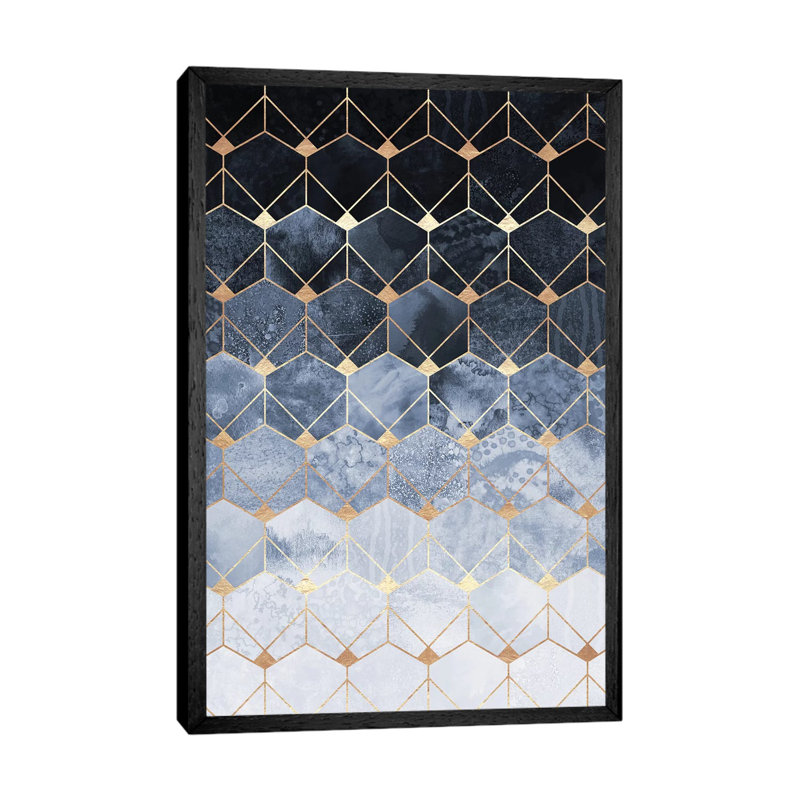 Blue Hexagons And Diamonds by Elisabeth Fredriksson - Print on Canvas, 101.6 cm H x 66.04 cm W, Black Floater Framed