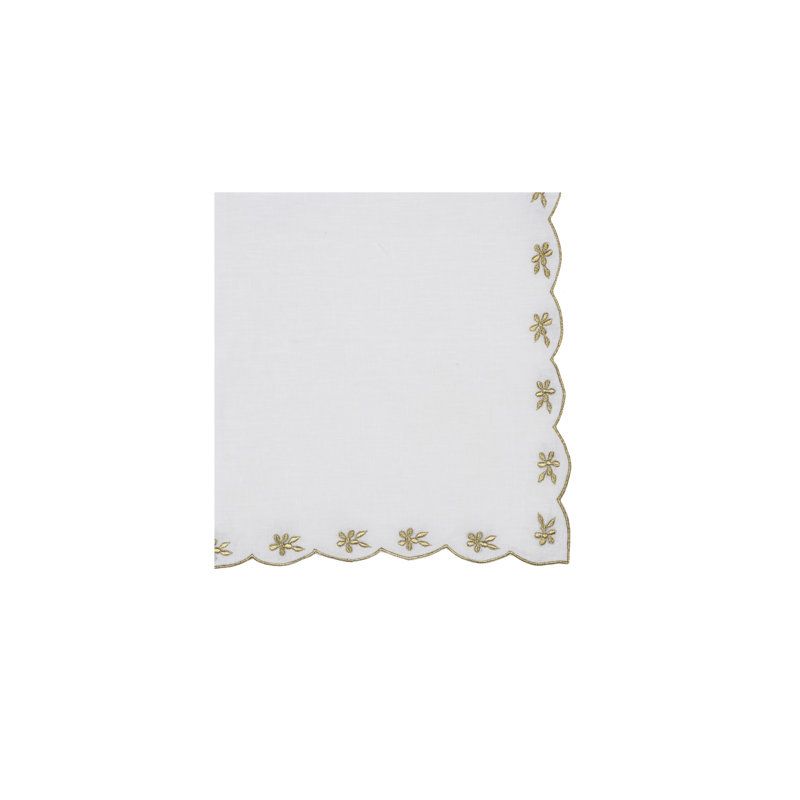 Flower Border Embroidered Linen Napkin, White/Gold