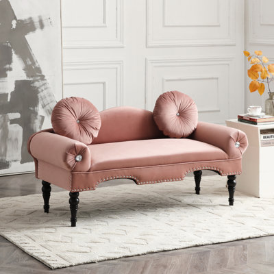 Canapé 2 places pour chambre à coucher et salon en velours rose, largeur 54 po, garniture cloutée, pieds en bois, coussins décoratifs, chambre à coucher, avec