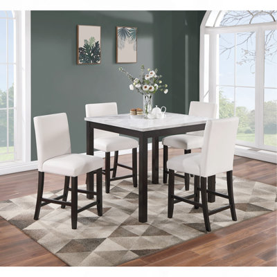 Modern 5Pc Counter Height Dining Set Kitchen Dinette Faux Marble Top Table And 4X High Chairs White Faux Leather Cushions Seats Dining Room