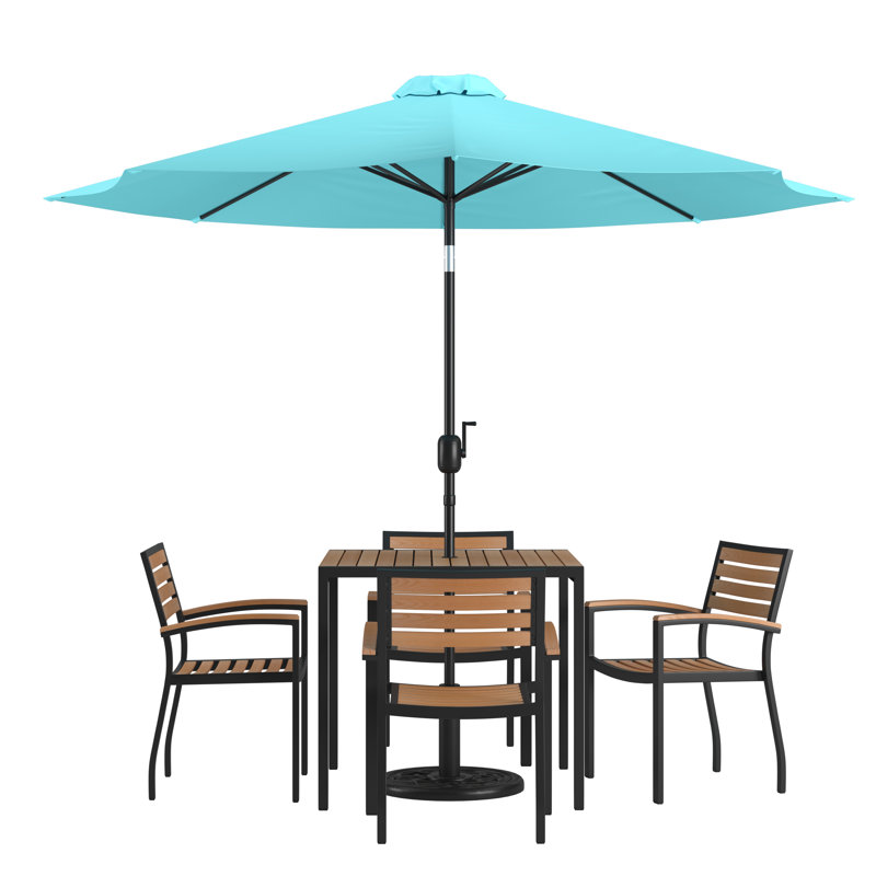 Table de patio carrée en faux teck de 35 po Abdiqani, 4 chaises et parasol 9 pi avec base, Parasol bleu sarcelle