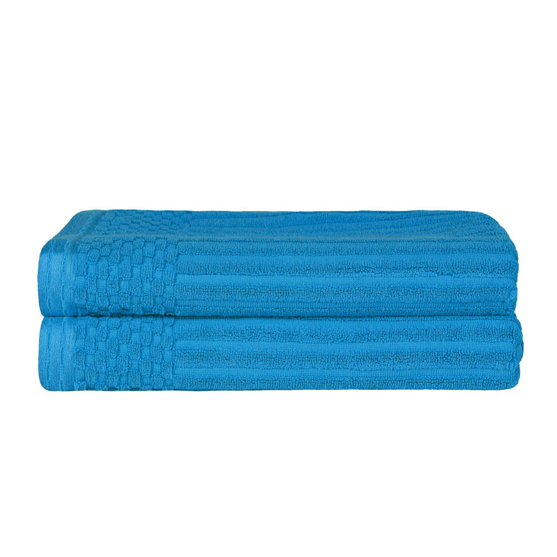 Ruvins Cotton Highly Absorbent Solid and Checkered Border Bath Towel Set, Sky Blue