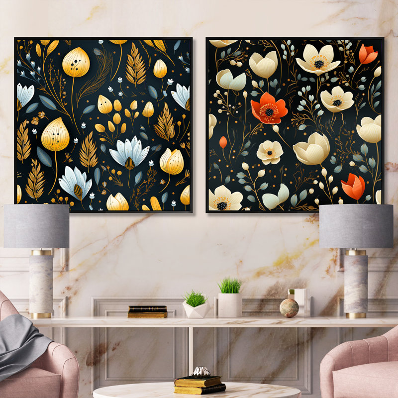 Nostalgie rétro motif floral noir - ensemble de collage abstrait botanique carré de 2, Cadre flottant noir, H 16 po x l 33 po