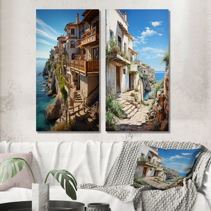 «Espagne Azure Coastline Village», 2 pièces, H 24 po x l 20 po, Toile tendue
