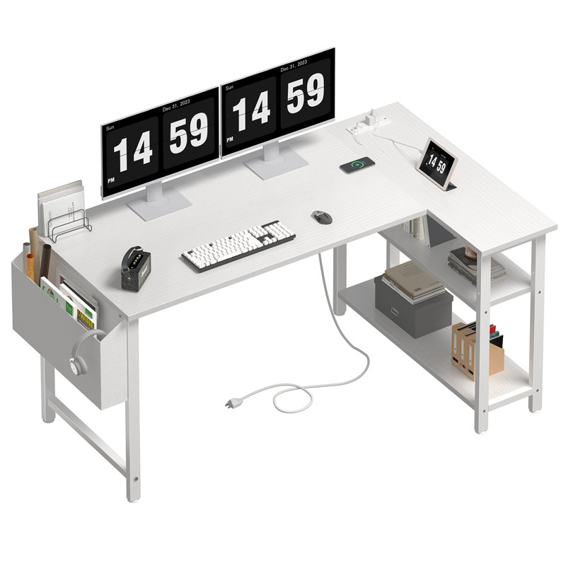 Built-in Outlets / USB L-Shaped Desk Computer Desk, White/White, 28.9" H x 47.2" W x 27.6" D