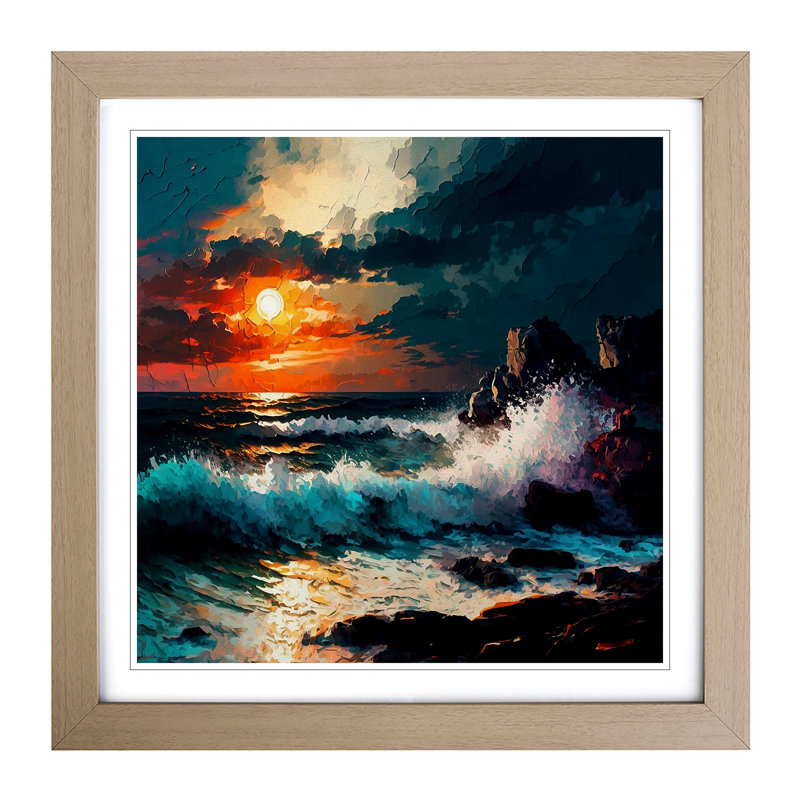 Seascape Impressionism - Single Picture Frame Print on Wood, Oak