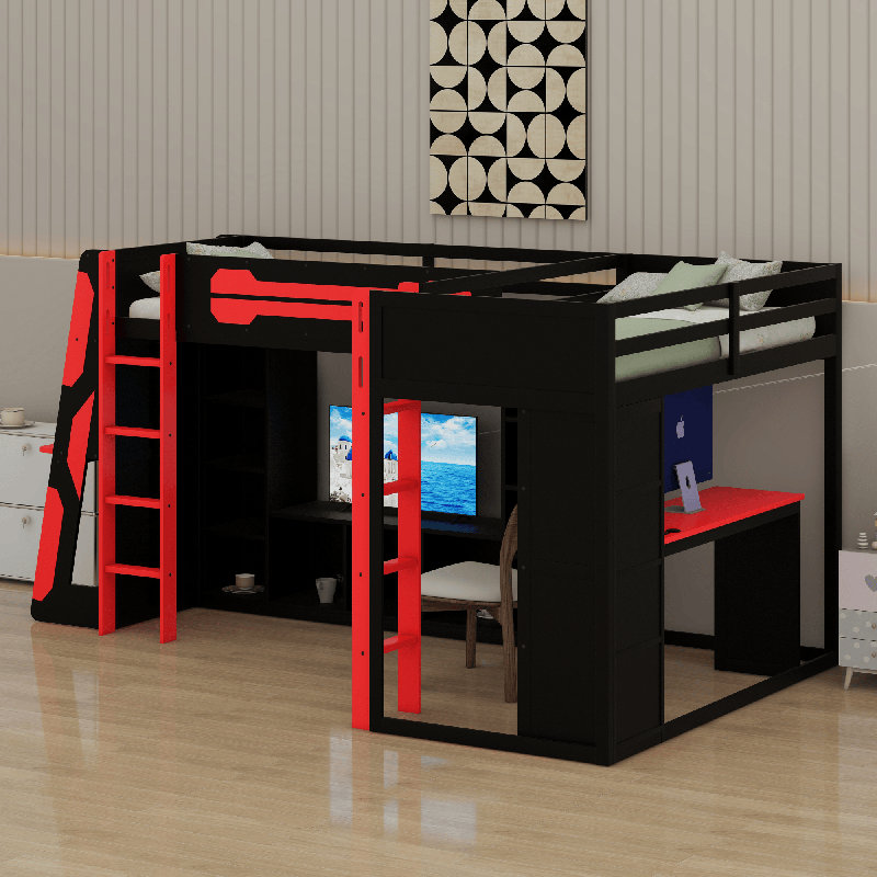 L-Shaped Wooden Gaming Bed Frame With RGB LED Lights, Red