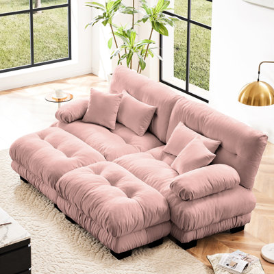Canapé-lit 2 places en chenille rose avec repose-pieds Living