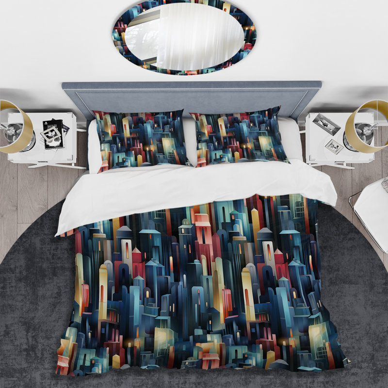 Literie Blue and Red Dynamic Cityscape Delight, Housse de couette pour grand lit et 2 taies décor