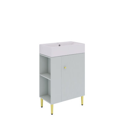 Meuble-lavabo autoportant de 22 po avec lavabo simple en céramique et porte à fermeture en douceur, rangement à gauche