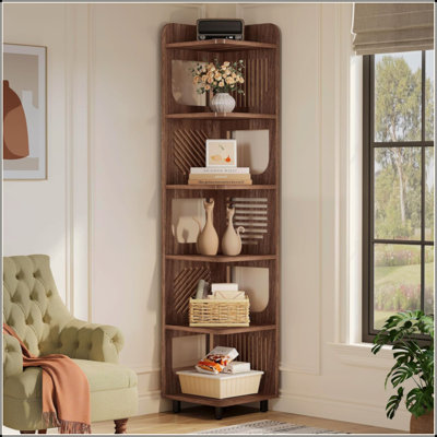 6-Tier Narrow Corner Bookshelf, 90-Degree Corner Storage Shelf for Living Room Office Bedroom