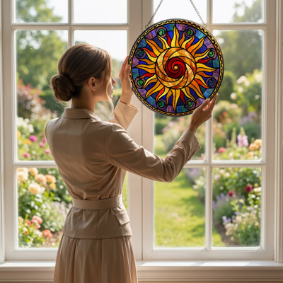 12"H Sun Spiral Stained Glass Window Panel