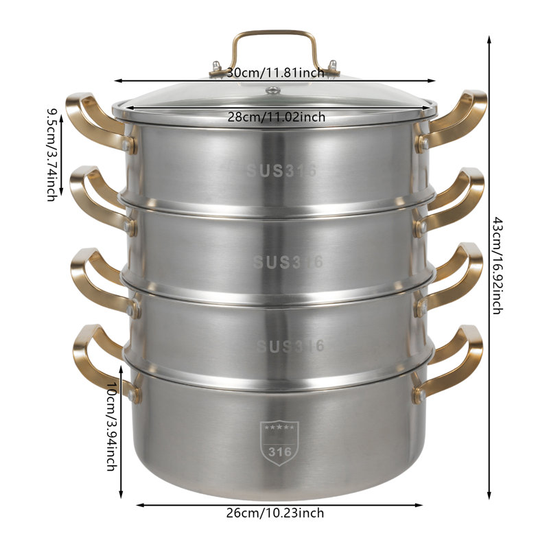 Casserole à vapeur à 4 niveaux en acier inoxydable avec couvercle visuel, 11.02", 4