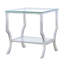 - Enduit, table de bout carrée en verre, armoires, tablettes, tables à surface réfléchissante, pieds d'aspect fluide
