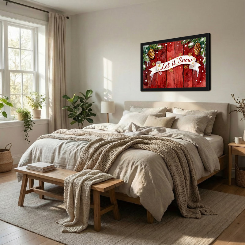 Noël, planches de bois, flocons de neige, pommes de pin, ruban, H 12 po x l 18 po