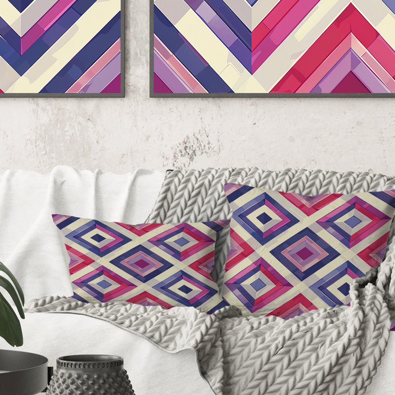Coussin bleu et rose Midcentury Maze, H 18 po x l 18 po