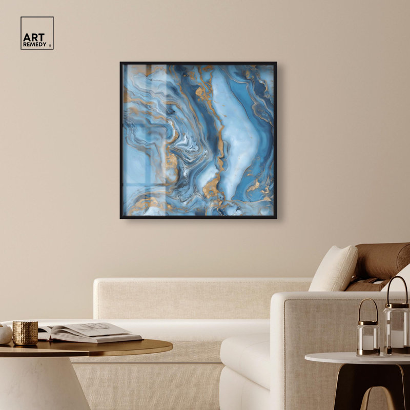 «River Gold Shadowbox Print», art abstrait bleu par Art Remedy, H 41 po x l 41 po, Noir