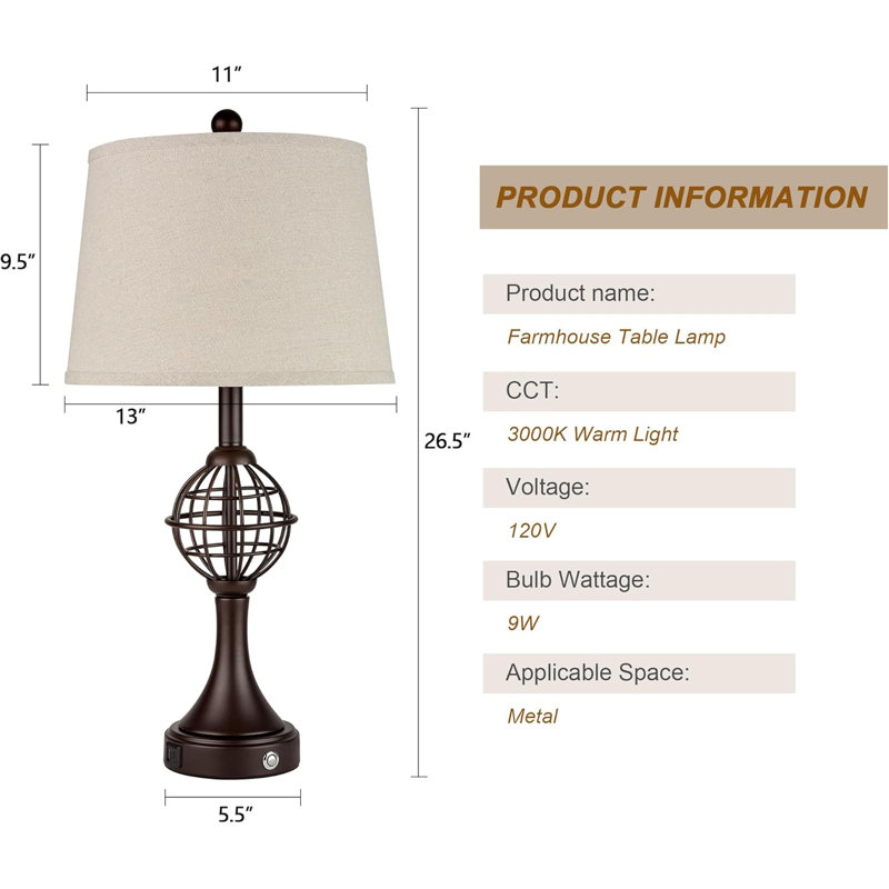 Ensemble de 2 lampes de table 26,5 "pour le salon, lampes tactiles de ferme pour table de chevet avec USB A + C, lampe de chevet rustique pour tables de bout de chambre à coucher