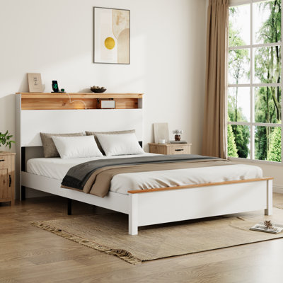 Blanc antique, cadre de grand lit, chambre à coucher, American Traditional, charge de tête de lit avec rangement, éclairage à DEL, support, DEL sous-espace, lattes en métal, bruit